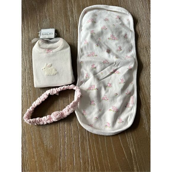 Carter’s girls rabbit bodysuit , headband , burp cloth bundle sz 0-3 months - Picture 1 of 5